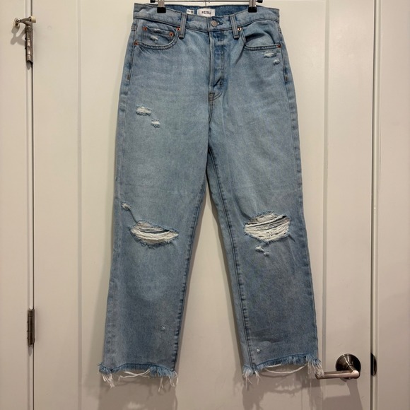 pistola Denim - Pistola Distressed High Rise Straight Leg Jeans Light Wash 28 Raw Hem 5110
